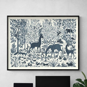 Forest Life I by Miranda Thomas, Blue Forest Animal Decor, Deer Wall Art, Dark Blue Nature Bedroom Print, Small Bunny Wall Decor