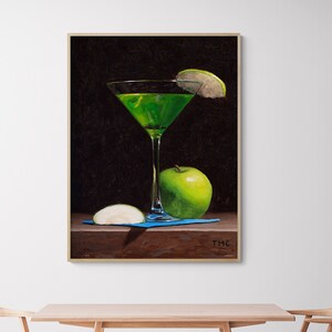 Martini de manzana ácida de Todd M. Casey, póster de cóctel de manzana verde, decoración de happy hour verde, decoración de comedor con copas de martini, arte mural para bar