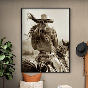 Sepia Cowgirl Photography Ranch Owner Daughter Birthday Gift Idea, Horse Stables Print, Hose Owner Gift Idea, Farmer Office Decor