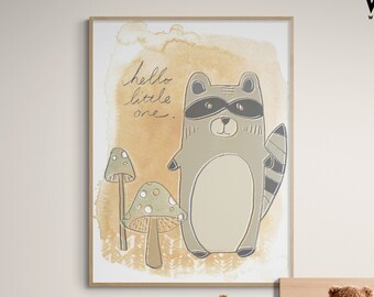 Hello Little One Print, Framed Baby Raccoon Wall Art, Kids Art Prints, Modern Nursery Decoration, Cute Raccoon Wall Print, Framed Wall Art