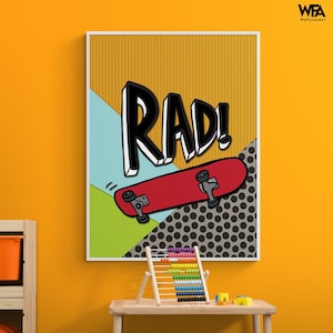 Skateboard Kids Playroom Poster Print, Framed Rad Skateboard Decor, Retro Skateboard Art, Retro Cool Kid Art, Basement Remodel Idea