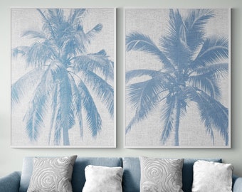 Blue Palm Tree Prints, Set of 2 Blue Plants Prints, Framed Tropical Plants Wall Art, Botanical Wall Art, Framed Wall Art, Oversized Wall Art