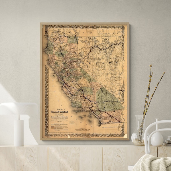 California Southern Pacific 1876, Antique California Map Print, Pacific Poster, Rustic Library Wall Art, Old Home Office Decor