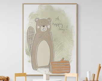 Oh Happy Day Print, Positive Quote Kids Wall Art, Framed Beaver Kids Room, Happiness Wall Decor, Positive Poster Print,Baby Beaver Print