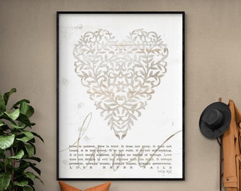 Love Never Fails with Heart by Cindy Jacobs, 1 Corinthians 13:4-8 Poster Print, Framed Biblical Verse Wall Decor, First Anniversary Gift