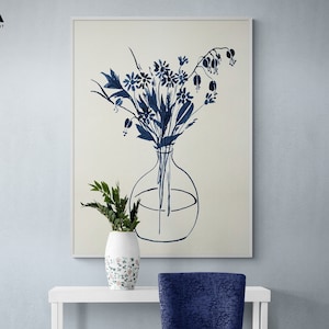 Dark Blue Floral Painting Print, Delicate Blue Wall Decor,Framed Blue Flowers Print,Spring Flower Wall Art,Gifts for Florist,Framed Wall Art