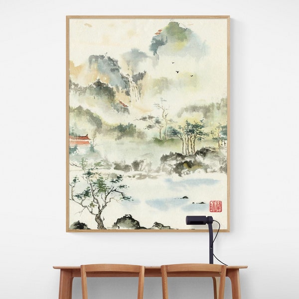 Asian Landscape Painting Print, Framed Oriental Wall Art, Asian Antique Landscape, Chinese Landscape Painting, Asian Inspired Art
