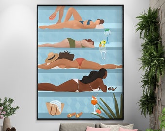 Ladies by the pool by Petra Lizde, Best Friends Spa Day Wall Art, Pool Party Poster, Girly Dorm Decor, Pool Room Wall Art