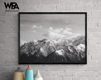 Snowy Mountains Cabin Airbnb PhotographyWall Art, Black and White Landscape Photo, Framed Winter Landscape Picture Print Decor