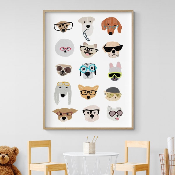 Dogs with Glasses by Hanna Melin, Doggo Wall Art, Cute Dog Nursery Print, Baby Nursery Gift Idea, Gender Neutral Playroom Decor