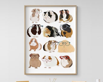 Guinea Pigs In Glasses by Hanna Melin, Cute Small Animal Gender Neutral Nursery Decor, Adorable Guinea Pig Poster, Pet Poster Print