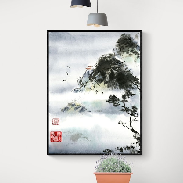 Asian Mountains Wall Art, Framed Chinese Decor, Asian Nature Print, Landscape Painting Print, Traditional Asian Art,Vintage Nature Landscape