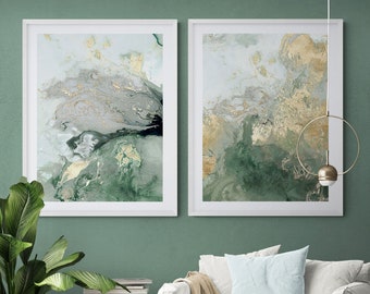 Gold and Green Extra Large Wall Art Abstract Print, Set of 2 Abstract Oil Paintings Oversized Wall Art Prints, Framed Abstract Wall Prints