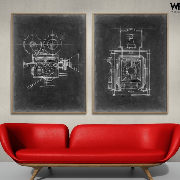 Camera Blueprints I and II by Ethan Harper, Framed Chalkboard Camera Print, Film Lover Art Print, Black and White Camera Lover Gift