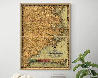 Eastern North Carolina 1861, Antique North Carolina Map, Rustic Farmhouse Art Print, Framed Restaurant Old Wall Art, Master Bedroom Idea