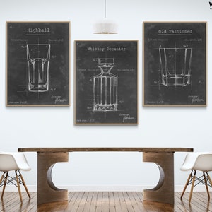 Barware Blueprint I, II and VII by Ethan Harper, Set of 3 Whiskey Wall Art Prints, Decanter Blueprint Art, Liquor Wall Print,Framed Wall Art