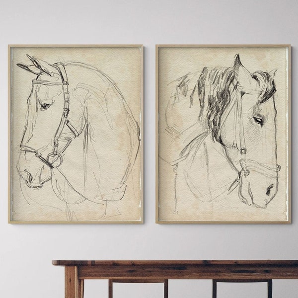 Horse in Bridle sketch I & II by Jennifer Parker, Set of 2 Horse Prints, Bridle Art Print, Animal Sketches Prints, Equestrian Art Print