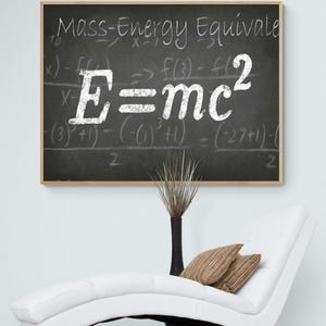 Framed Math Wall Art Print, Educational Blackboard Style Poster for Kids’ Rooms or Classroom, Einstein Energy Themed, Large Decor
