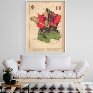 Anthropomorphic Map of France, French Office Poster Wall Decor, France Map Print, Antique Map Of France, Old Home Office Wall Decor