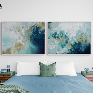 Pomona & Saran by Shaylen Broughton, Blue and Gold Extra Large Wall Art Abstract Print, Set of 2 Abstract Oil Paintings Oversized Wall Art