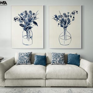 Set of 2 Navy Blue Flowers Print, Framed Dark Blue Art, Minimalist Floral Prints,Indigo Floral Vase I and II by Melissa Wang,Framed Wall Art