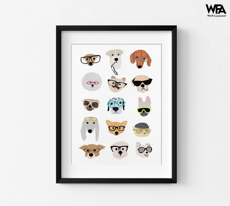 Dogs with Glasses by Hanna Melin, Doggo Wall Art, Cute Dog Nursery Print, Baby Nursery Gift Idea, Gender Neutral Playroom Decor Black + Mat