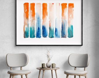 Abstract Tropical Watercolor Art Print, Orange Blue Teal Painting