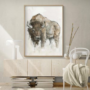 American Buffalo Watercolor Print, Farmhouse Animal Wall Art image 1