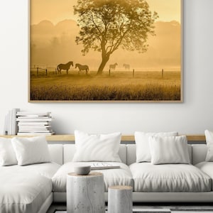 Golden Horses Sunset Print, Rustic Farmhouse Wall Art, Sunrise Equestrian Photography, Rural Landscape Decor Poster