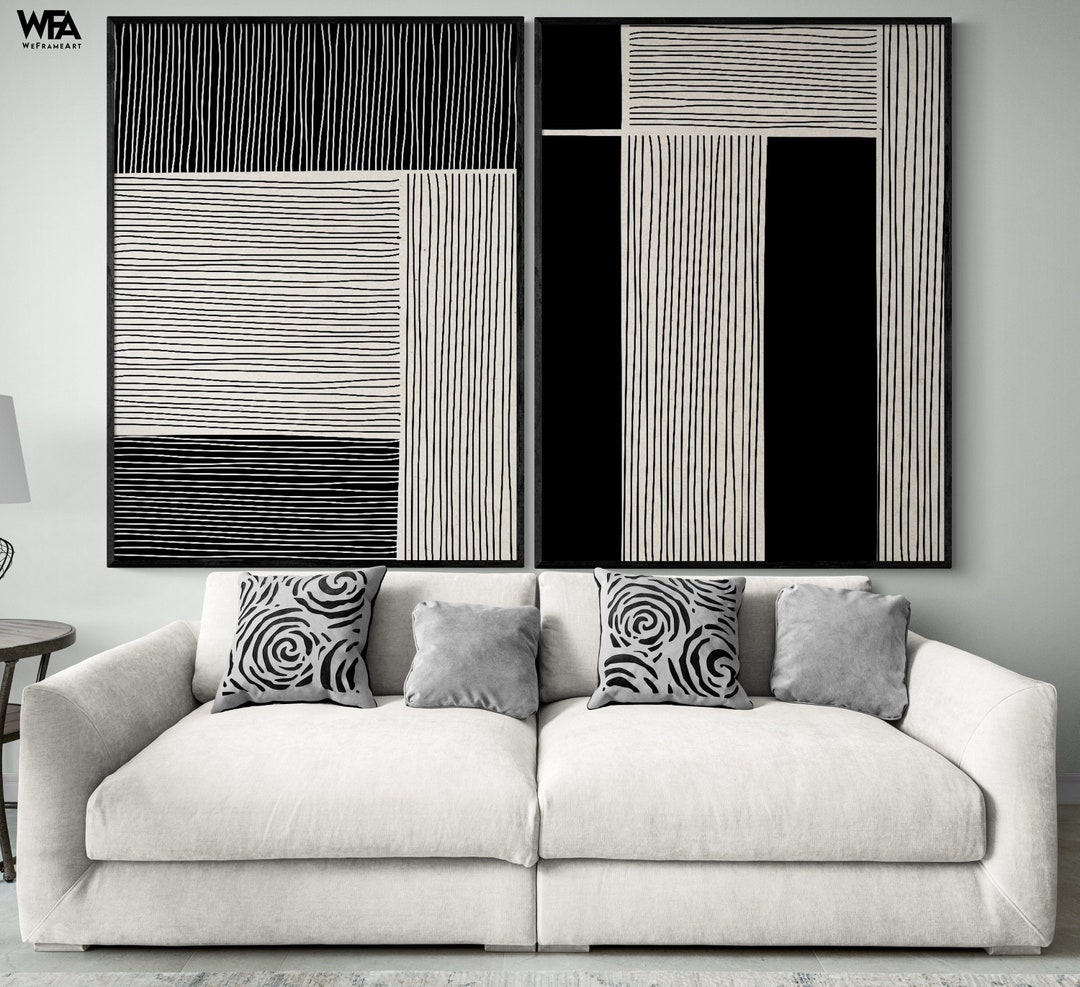 Set of 2 Geometric Prints, Black and Gray Wall Art, Framed Line Art ...