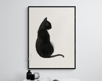 Black Cat Watercolor Print, Minimalist Framed Kitten Portrait