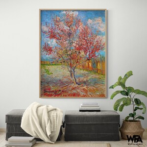 Pink Peach Tree in Blossom Wall Art, Framed Peach Tree Painting Print, Pink Floral Tree Decor for Home or Office