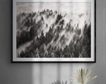Foggy Forest Mountain Photography Print, Black and White Oversized Wall Art