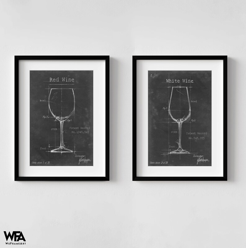 Set of 2 Wine Glasses Print White Wine Glass Wall Art Black Etsy