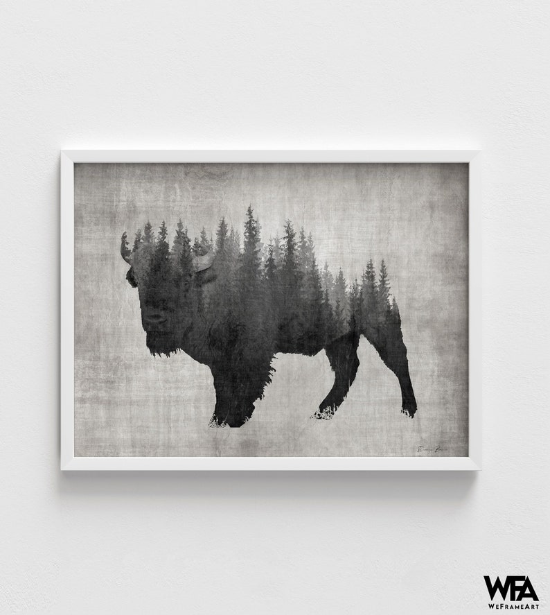 Large Bison Art Print, Framed Abstract Forest Print, American Bison Print,Steppe Bison Art,Cowboy Wall Art,Dark Forest Print,Framed Wall Art image 4