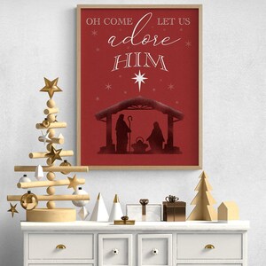 Let Us Adore Him by Marcus Prime by Marcus Prime, Christian Christmas Gift Idea House Decor, Nativity Wall Art, Rustic Red Fireplace Poster