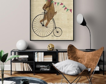Rabbit On Penny Farthing Framed Print, Funny Bunny Decor