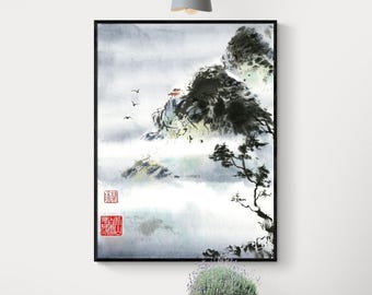 Framed Asian Mountain Art Print, Vintage Landscape Painting