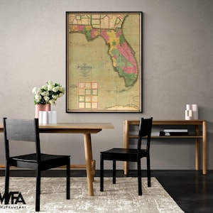 Florida, Old Map Of Florida, Florida State Map, Public Florida Office Wall Decor, United States Old Map, School Hallway Wall Art