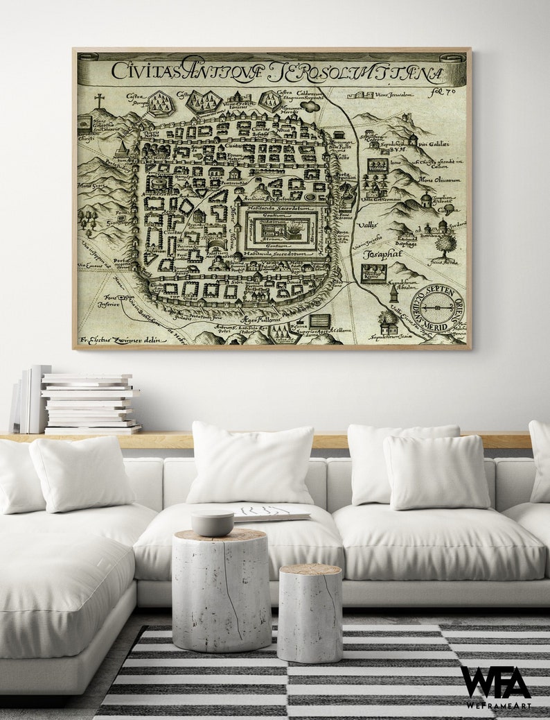 Modern Antique Map of Jerusalem, Religious House Decor, Holy Land Poster, Biblical Places Map Prints, Church Wall Art,Christian Entryway Art Natural Frame