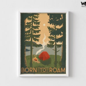 Retro Camping Poster, Framed Camping Poster Oversized Wall Art, Vintage Camping Poster, Camping Wall Art, Nature Large Wall Art White Frame