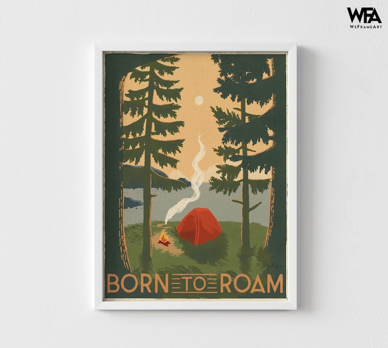 Retro Camping Poster, Framed Camping Poster Oversized Wall Art, Vintage Camping Poster, Camping Wall Art, Nature Large Wall Art White Frame