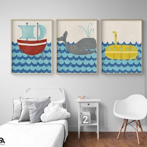 Trumans Voyage I, III and IV by Chariklia Zarris, Nautical Baby Room Poster Print, Yellow Submarine Poster, Red Kids Boat Decor, Cute Whale