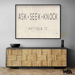 Ask, Seek, Knock, Framed Matthew 7:7 Print, Large Matthew Bible Quote Print, Rustic Library Religions Section Poster Print