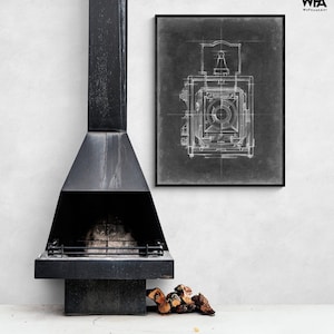 Antique Camera Blueprint Print, Vintage Camera Wall Art, Black and White Photography Decor, Framed Chalkboard Style Print