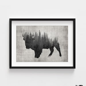 Large Bison Art Print, Framed Abstract Forest Print, American Bison Print,Steppe Bison Art,Cowboy Wall Art,Dark Forest Print,Framed Wall Art image 8