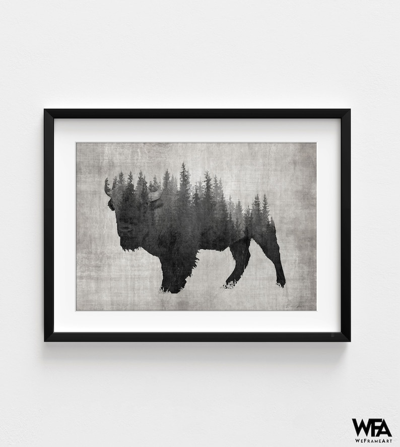 Large Bison Art Print, Framed Abstract Forest Print, American Bison Print,Steppe Bison Art,Cowboy Wall Art,Dark Forest Print,Framed Wall Art image 8