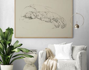 Sleeping Dog Line Art Print, Framed Pet Portrait