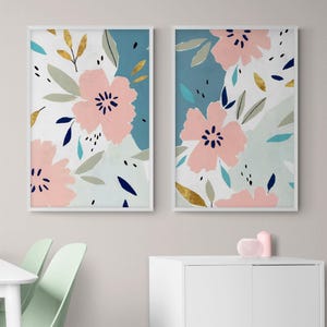 Set of 2 Pink Flowers Paintings Oversized Wall Art Prints, Tropical Pink Flower Painting Large Wall Art