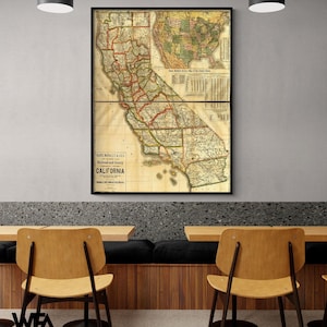 Railroad and county map of California showing every railroad station and post office 1883, Post Office Wall Decor, Antique California Map